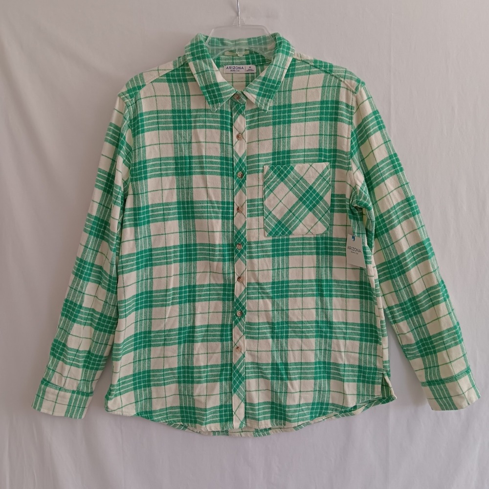 Arizona Jean Co Flannel Shirt Womens Medium Green NWT Plaid Button Down Cotton